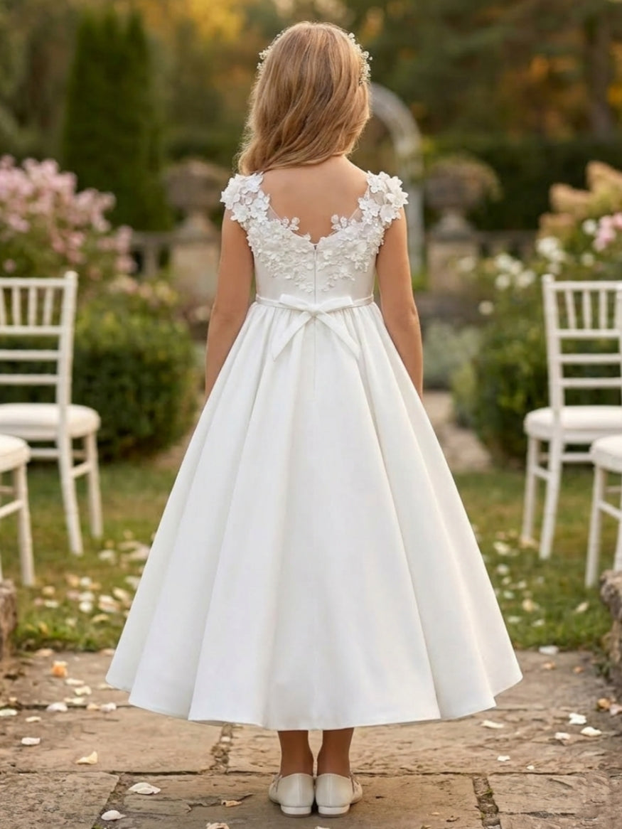 A-Line/Princess V-Neck Satin Flower Girl Dresses Sleeveless Ankle-Length With 3D Flowers Black