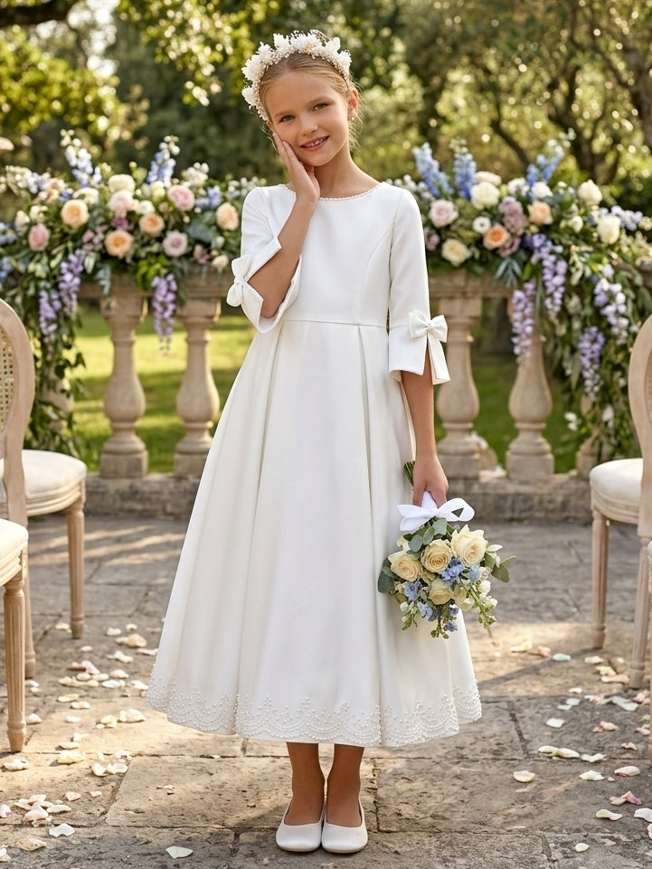 A-Line/Princess Scoop Satin Flower Girl Dresses 3/4 Sleeves Tea-Length With Bowknots White