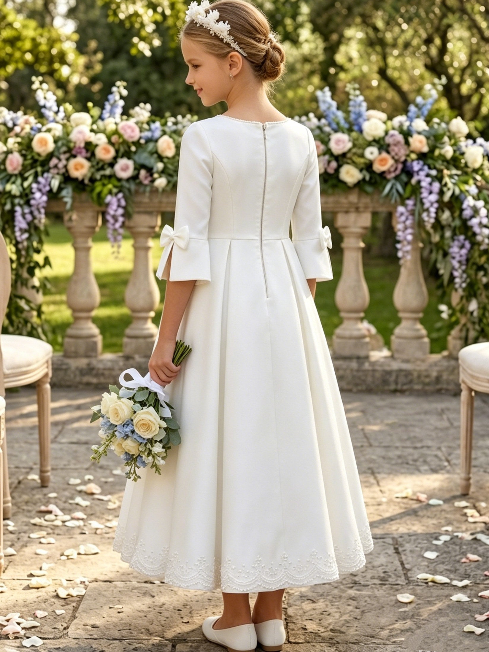 A-Line/Princess Scoop Satin Flower Girl Dresses 3/4 Sleeves Tea-Length With Bowknots Black