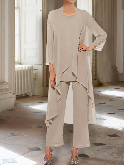 Ankle-Length Mother of the Bride Pantsuits with Jacket in Chiffon Round Neck and 3/4 Sleeves-LLELLA