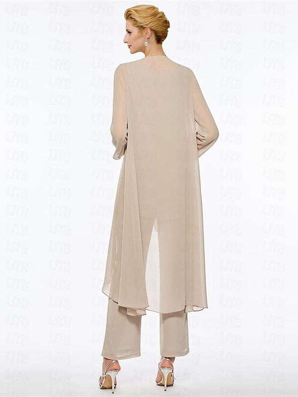 Ankle-Length Mother of the Bride Pantsuits with Jacket in Chiffon Round Neck and 3/4 Sleeves-LLELLA