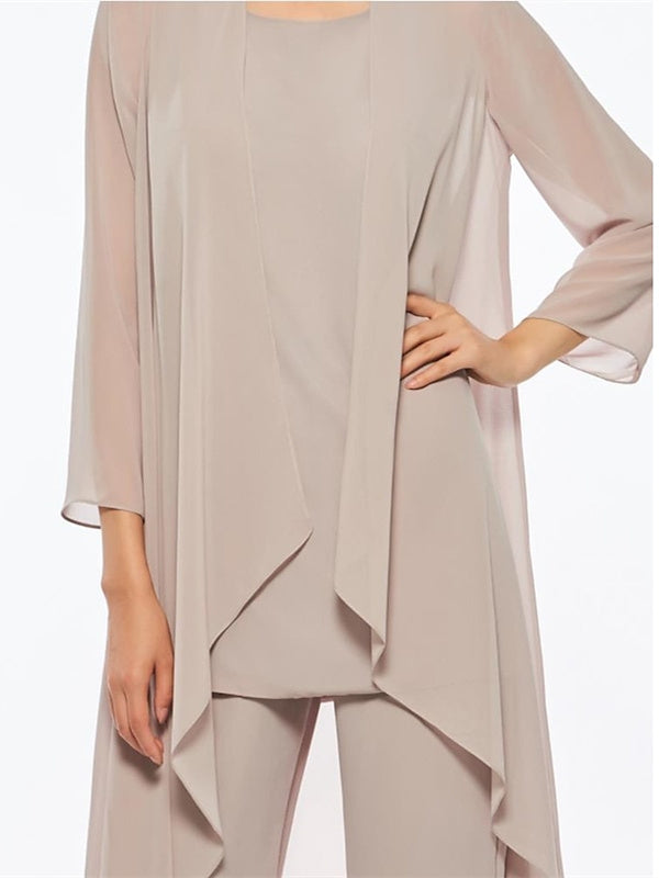 Ankle-Length Mother of the Bride Pantsuits with Jacket in Chiffon Round Neck and 3/4 Sleeves-LLELLA