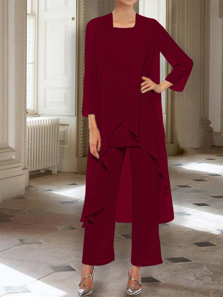 Ankle-Length Mother of the Bride Pantsuits with Jacket in Chiffon Round Neck and 3/4 Sleeves-LLELLA