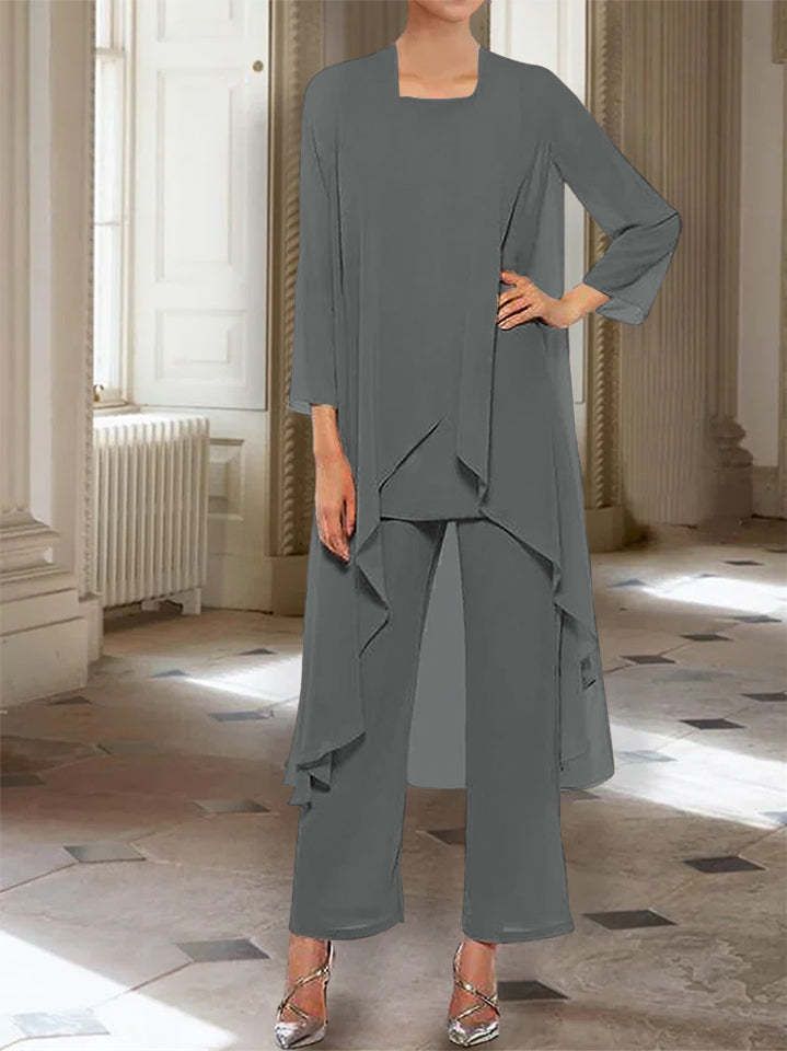 Ankle-Length Mother of the Bride Pantsuits with Jacket in Chiffon Round Neck and 3/4 Sleeves-LLELLA