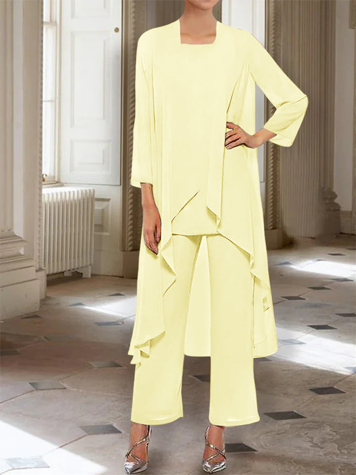 Ankle-Length Mother of the Bride Pantsuits with Jacket in Chiffon Round Neck and 3/4 Sleeves-LLELLA