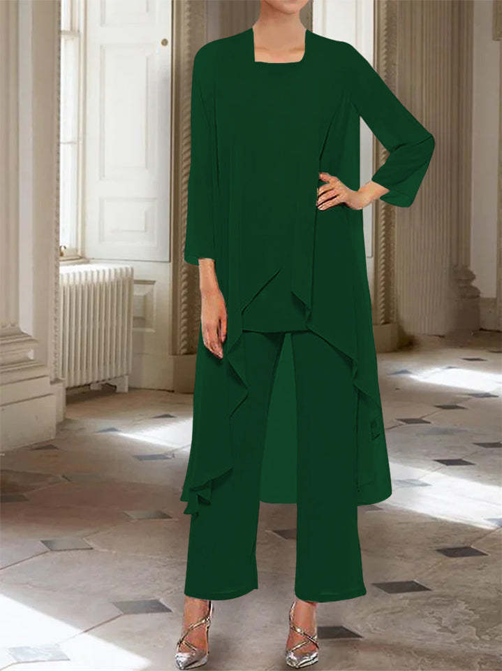 Ankle-Length Mother of the Bride Pantsuits with Jacket in Chiffon Round Neck and 3/4 Sleeves-LLELLA