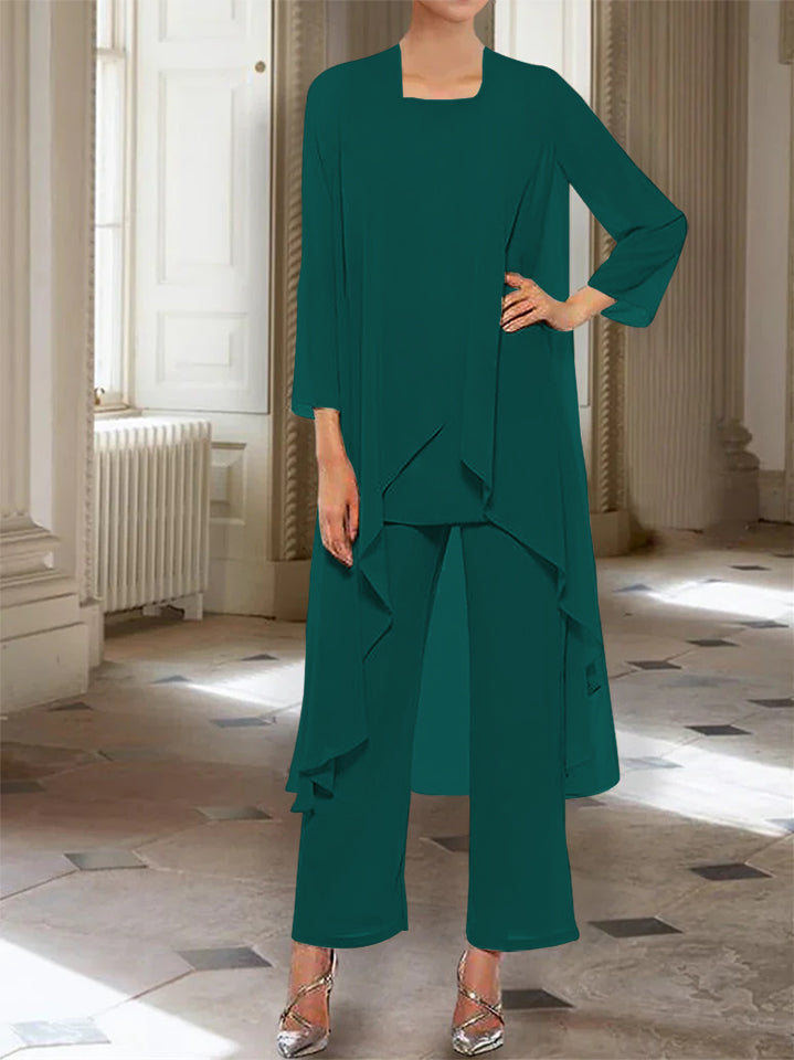 Ankle-Length Mother of the Bride Pantsuits with Jacket in Chiffon Round Neck and 3/4 Sleeves-LLELLA