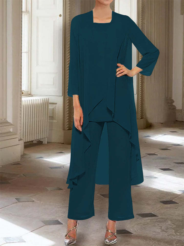Ankle-Length Mother of the Bride Pantsuits with Jacket in Chiffon Round Neck and 3/4 Sleeves-LLELLA