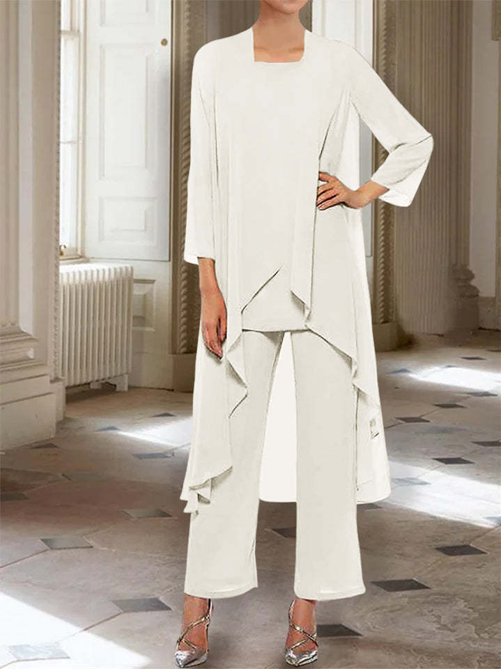 Ankle-Length Mother of the Bride Pantsuits with Jacket in Chiffon Round Neck and 3/4 Sleeves-LLELLA