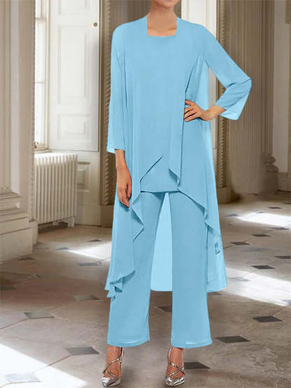 Ankle-Length Mother of the Bride Pantsuits with Jacket in Chiffon Round Neck and 3/4 Sleeves-LLELLA