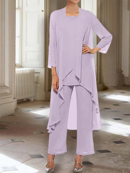 Ankle-Length Mother of the Bride Pantsuits with Jacket in Chiffon Round Neck and 3/4 Sleeves-LLELLA