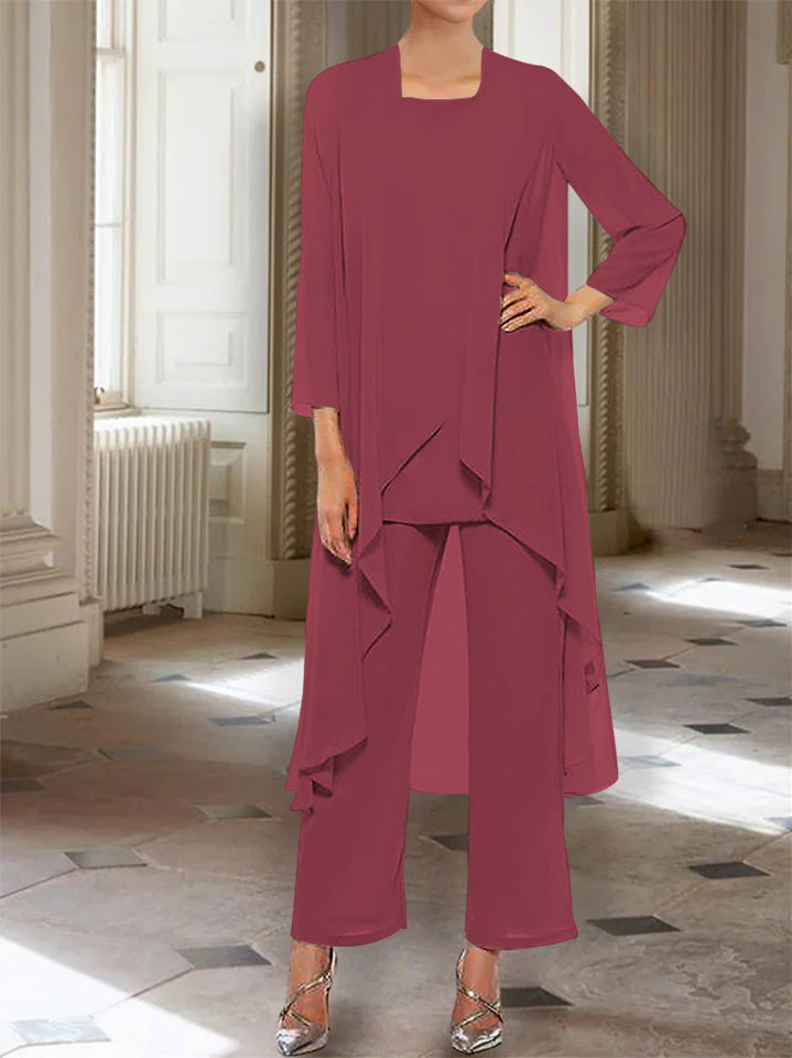 Ankle-Length Mother of the Bride Pantsuits with Jacket in Chiffon Round Neck and 3/4 Sleeves-LLELLA