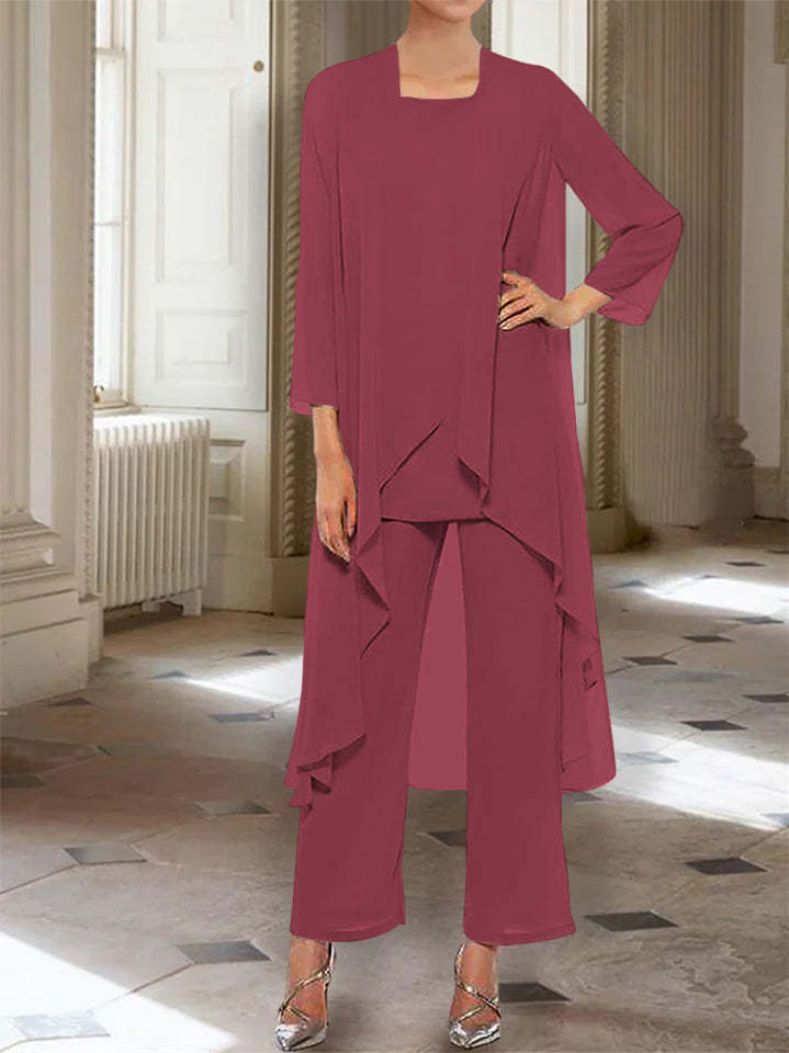Ankle-Length Mother of the Bride Pantsuits with Jacket in Chiffon Round Neck and 3/4 Sleeves-LLELLA