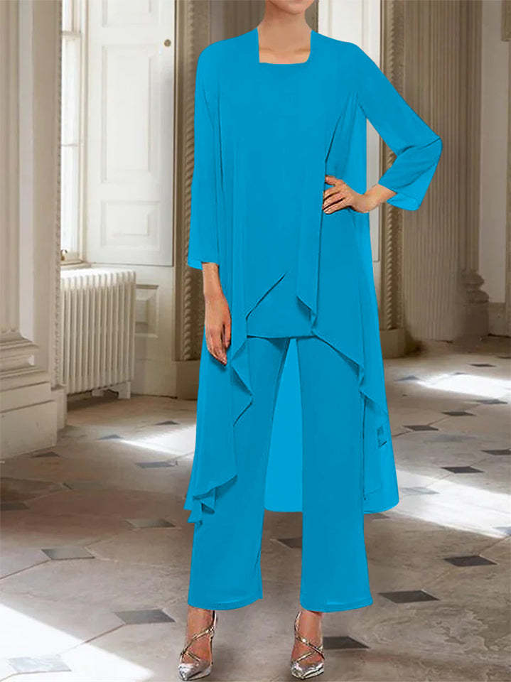 Ankle-Length Mother of the Bride Pantsuits with Jacket in Chiffon Round Neck and 3/4 Sleeves-LLELLA