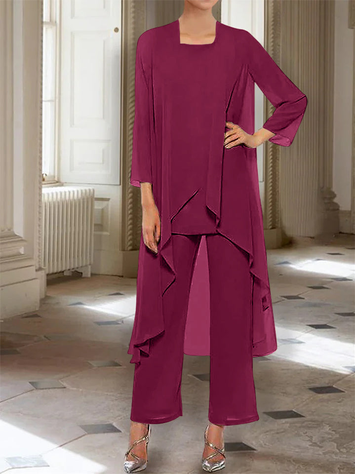 Ankle-Length Mother of the Bride Pantsuits with Jacket in Chiffon Round Neck and 3/4 Sleeves-LLELLA