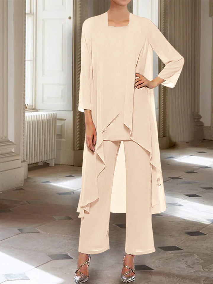 Ankle-Length Mother of the Bride Pantsuits with Jacket in Chiffon Round Neck and 3/4 Sleeves-LLELLA