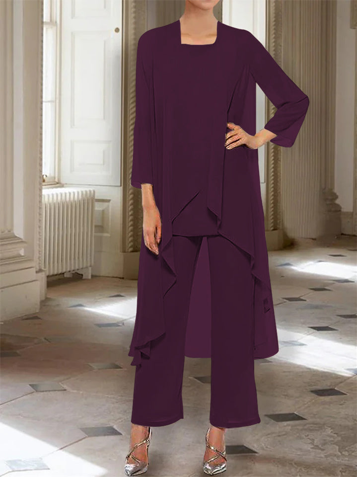 Ankle-Length Mother of the Bride Pantsuits with Jacket in Chiffon Round Neck and 3/4 Sleeves-LLELLA