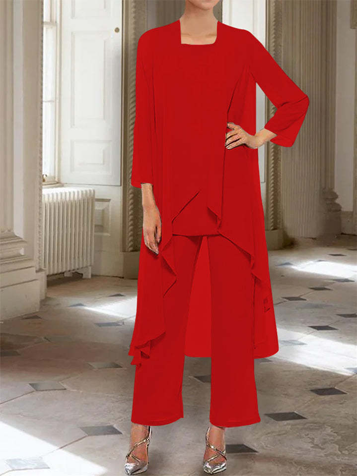 Ankle-Length Mother of the Bride Pantsuits with Jacket in Chiffon Round Neck and 3/4 Sleeves-LLELLA