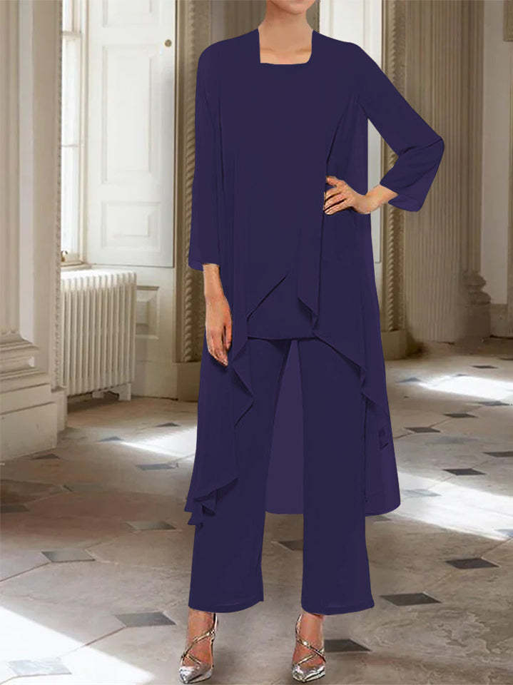 Ankle-Length Mother of the Bride Pantsuits with Jacket in Chiffon Round Neck and 3/4 Sleeves-LLELLA