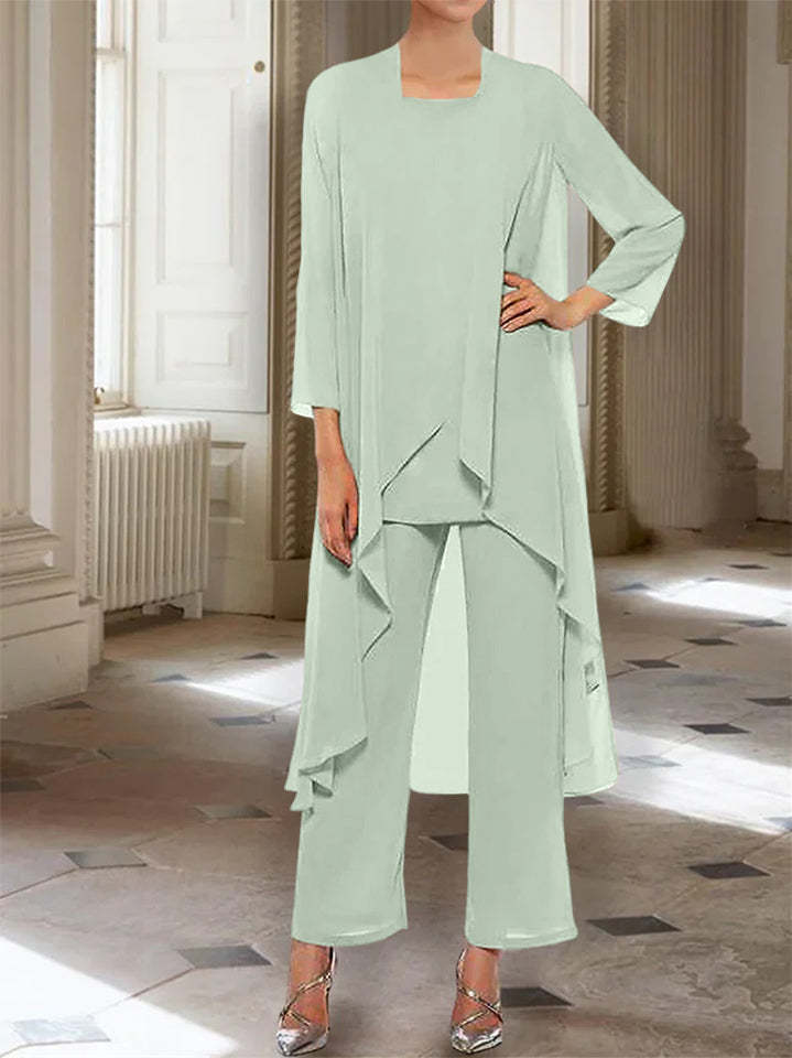 Ankle-Length Mother of the Bride Pantsuits with Jacket in Chiffon Round Neck and 3/4 Sleeves-LLELLA
