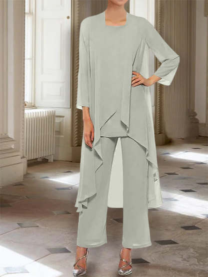 Ankle-Length Mother of the Bride Pantsuits with Jacket in Chiffon Round Neck and 3/4 Sleeves-LLELLA