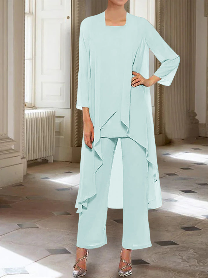 Ankle-Length Mother of the Bride Pantsuits with Jacket in Chiffon Round Neck and 3/4 Sleeves-LLELLA