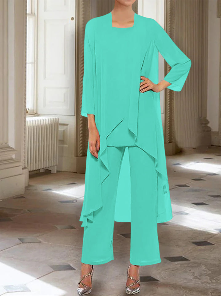 Ankle-Length Mother of the Bride Pantsuits with Jacket in Chiffon Round Neck and 3/4 Sleeves-LLELLA