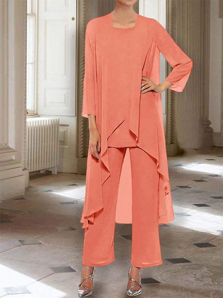 Ankle-Length Mother of the Bride Pantsuits with Jacket in Chiffon Round Neck and 3/4 Sleeves-LLELLA