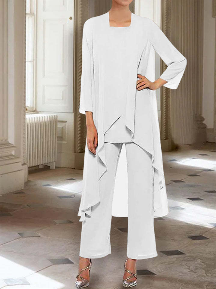 Ankle-Length Mother of the Bride Pantsuits with Jacket in Chiffon Round Neck and 3/4 Sleeves-LLELLA