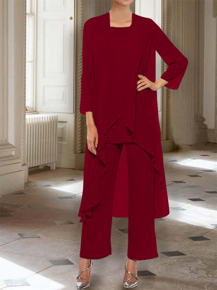 Ankle-Length Mother of the Bride Pantsuits with Jacket in Chiffon Round Neck and 3/4 Sleeves-LLELLA