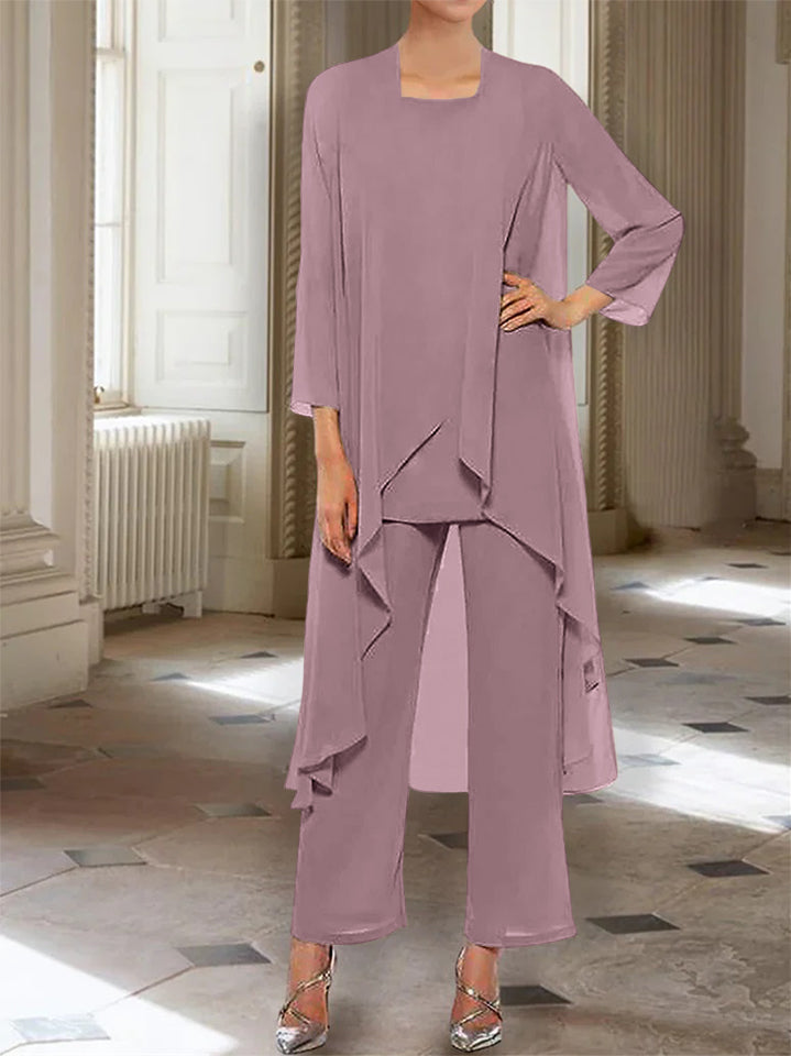 Ankle-Length Mother of the Bride Pantsuits with Jacket in Chiffon Round Neck and 3/4 Sleeves-LLELLA