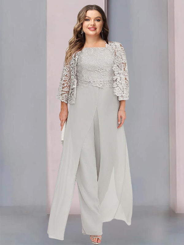 Floor-Length Square Neck Chiffon Mother of the Bride Pantsuit with Jacket & Side Split-LLELLA