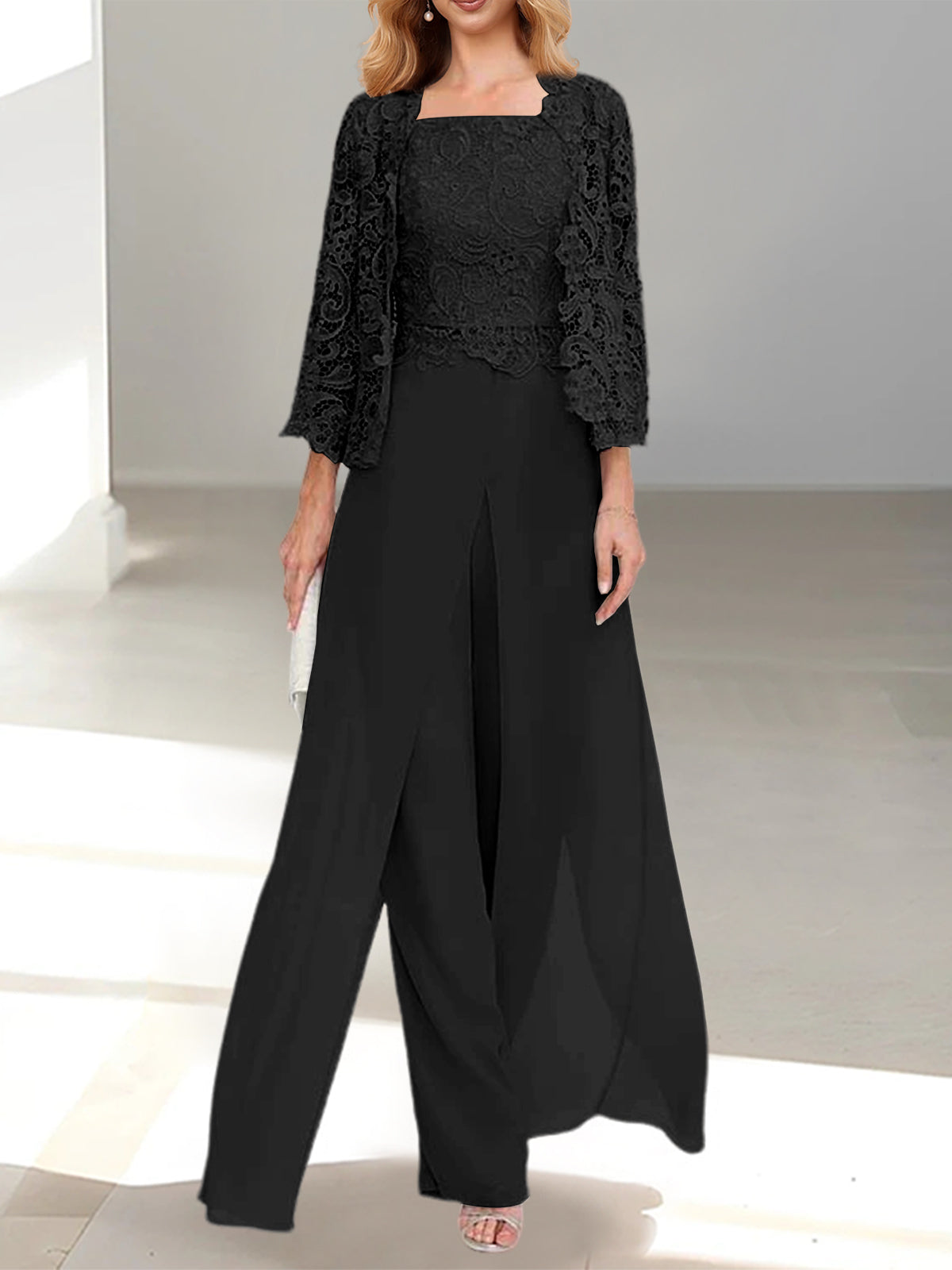 Floor-Length Square Neck Chiffon Mother of the Bride Pantsuit with Jacket & Side Split-LLELLA