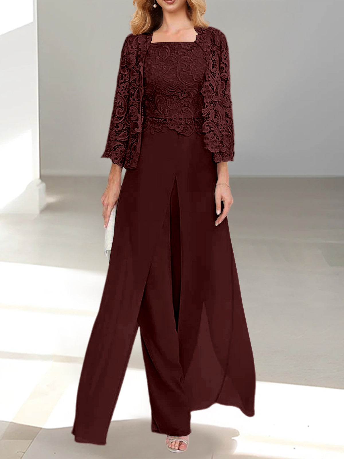 Floor-Length Square Neck Chiffon Mother of the Bride Pantsuit with Jacket & Side Split-LLELLA