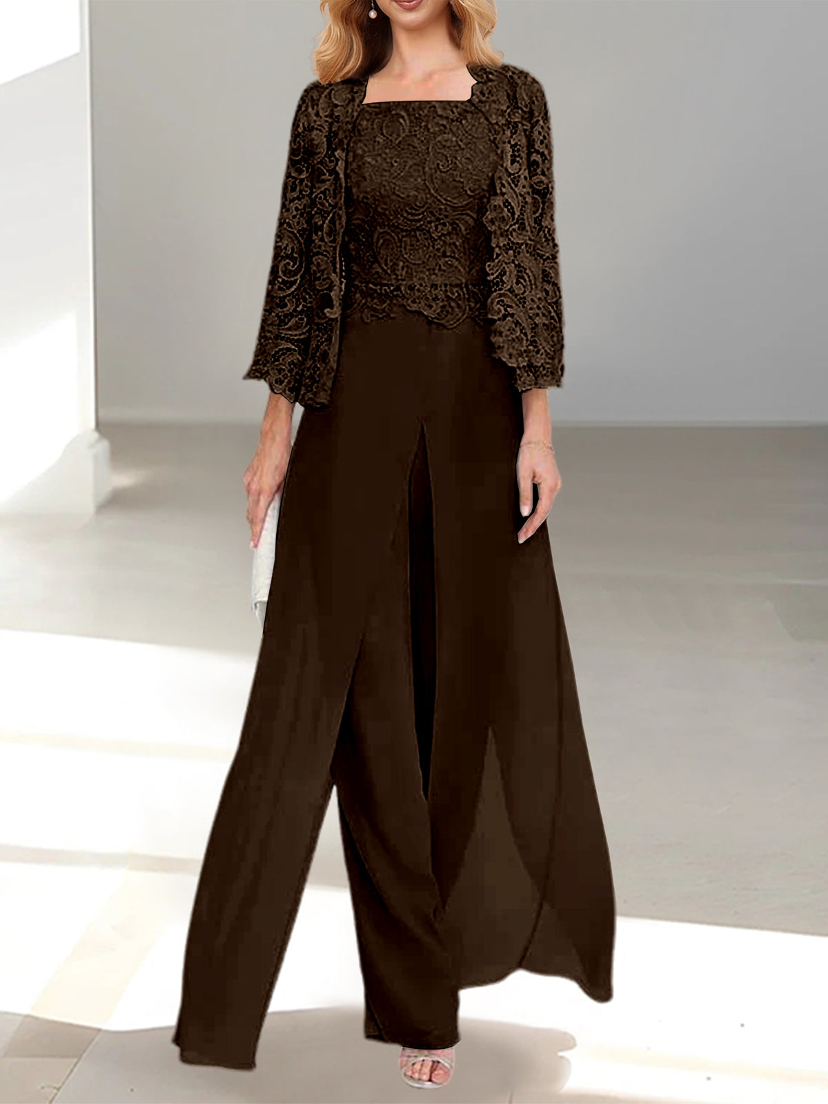 Floor-Length Square Neck Chiffon Mother of the Bride Pantsuit with Jacket & Side Split-LLELLA