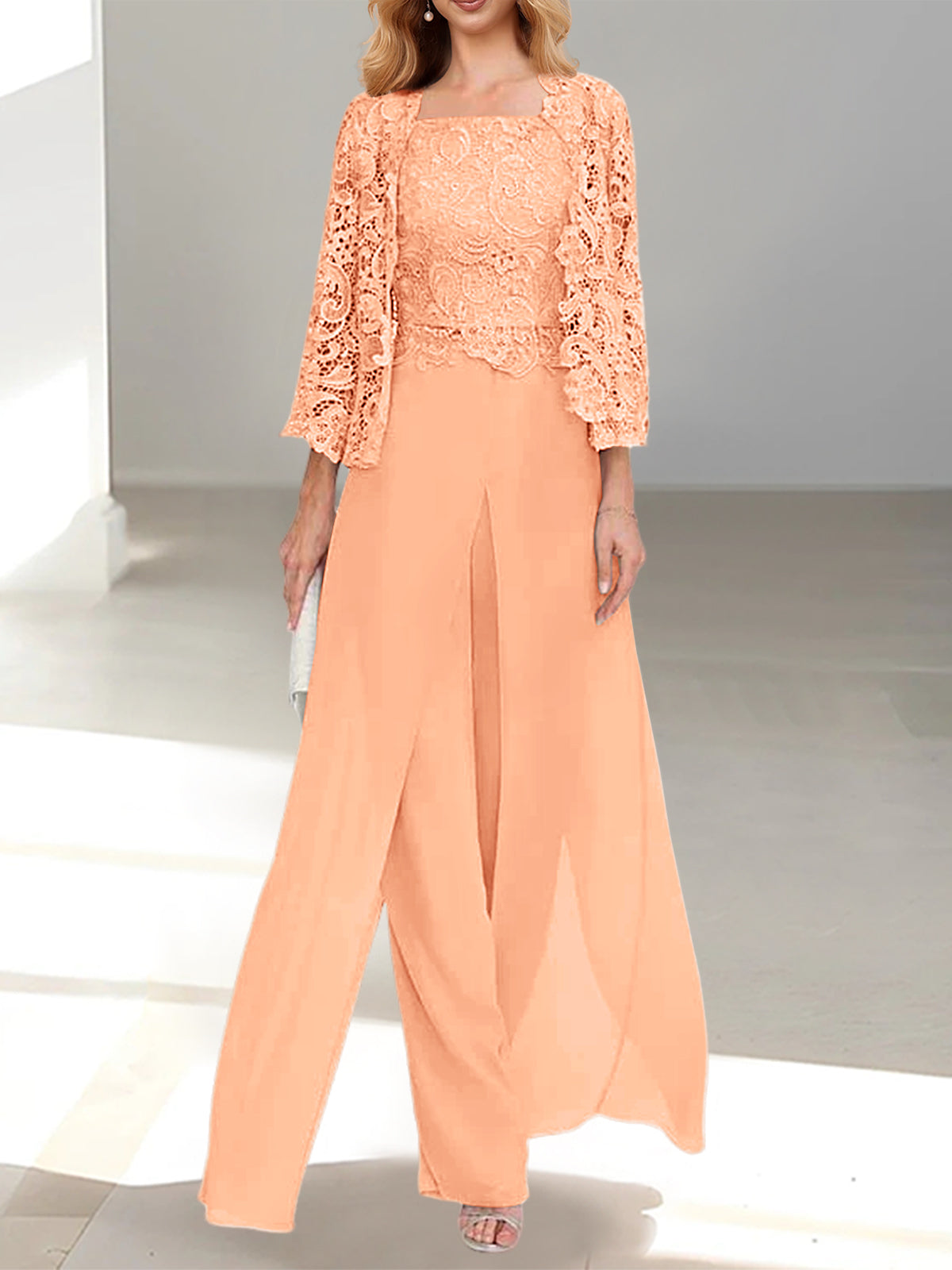 Floor-Length Square Neck Chiffon Mother of the Bride Pantsuit with Jacket & Side Split-LLELLA