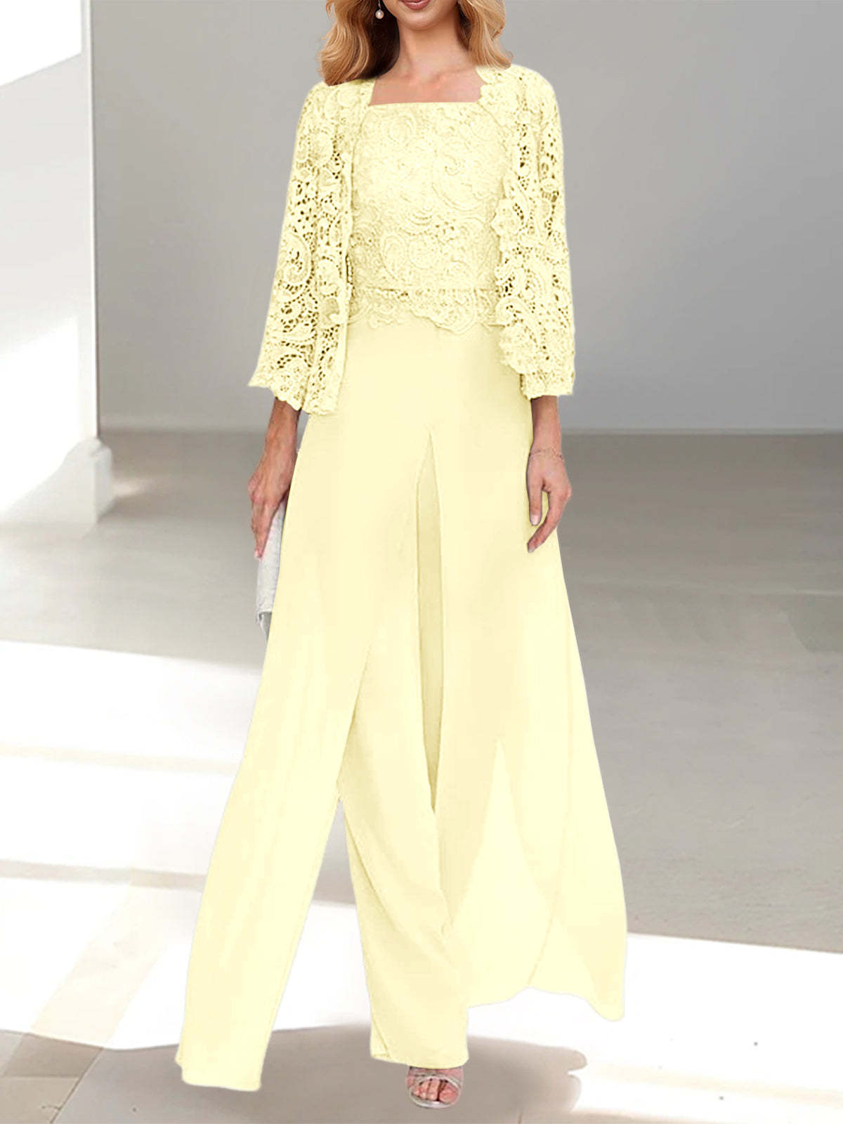 Floor-Length Square Neck Chiffon Mother of the Bride Pantsuit with Jacket & Side Split-LLELLA