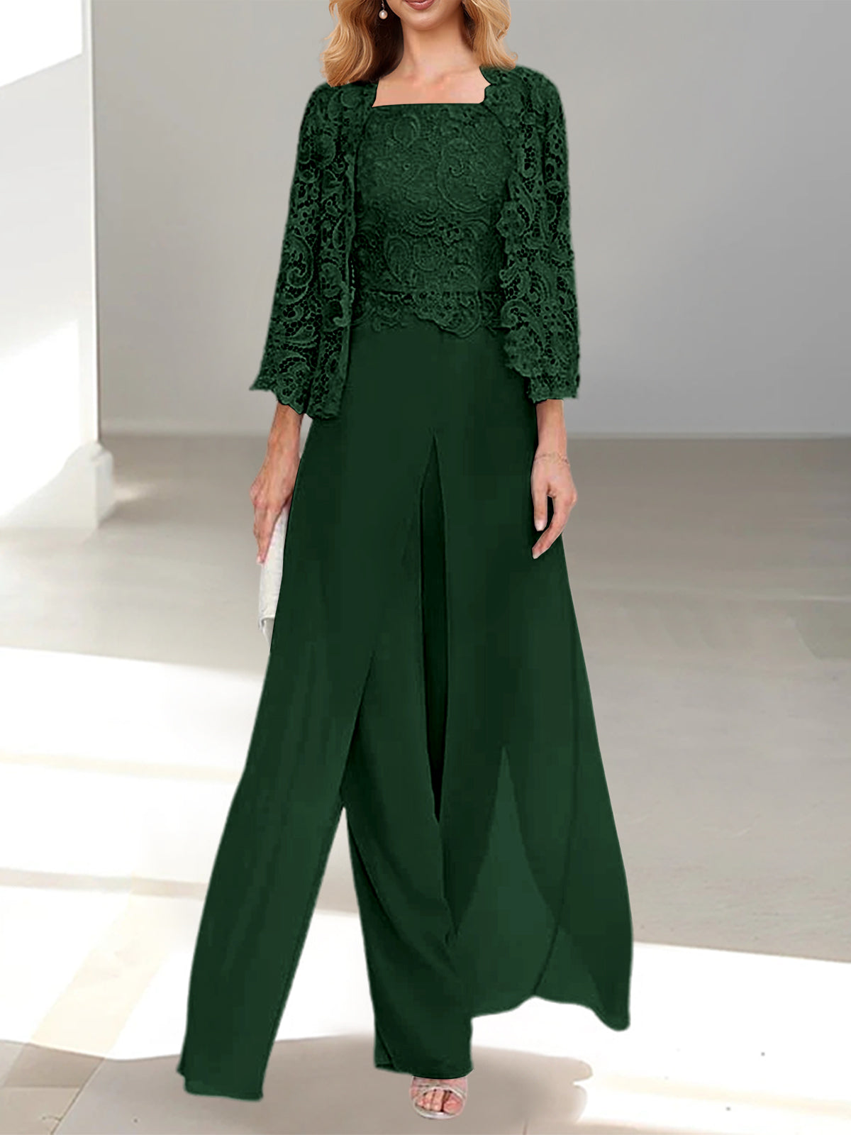 Floor-Length Square Neck Chiffon Mother of the Bride Pantsuit with Jacket & Side Split-LLELLA