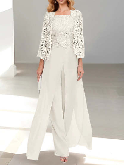 Floor-Length Square Neck Chiffon Mother of the Bride Pantsuit with Jacket & Side Split-LLELLA