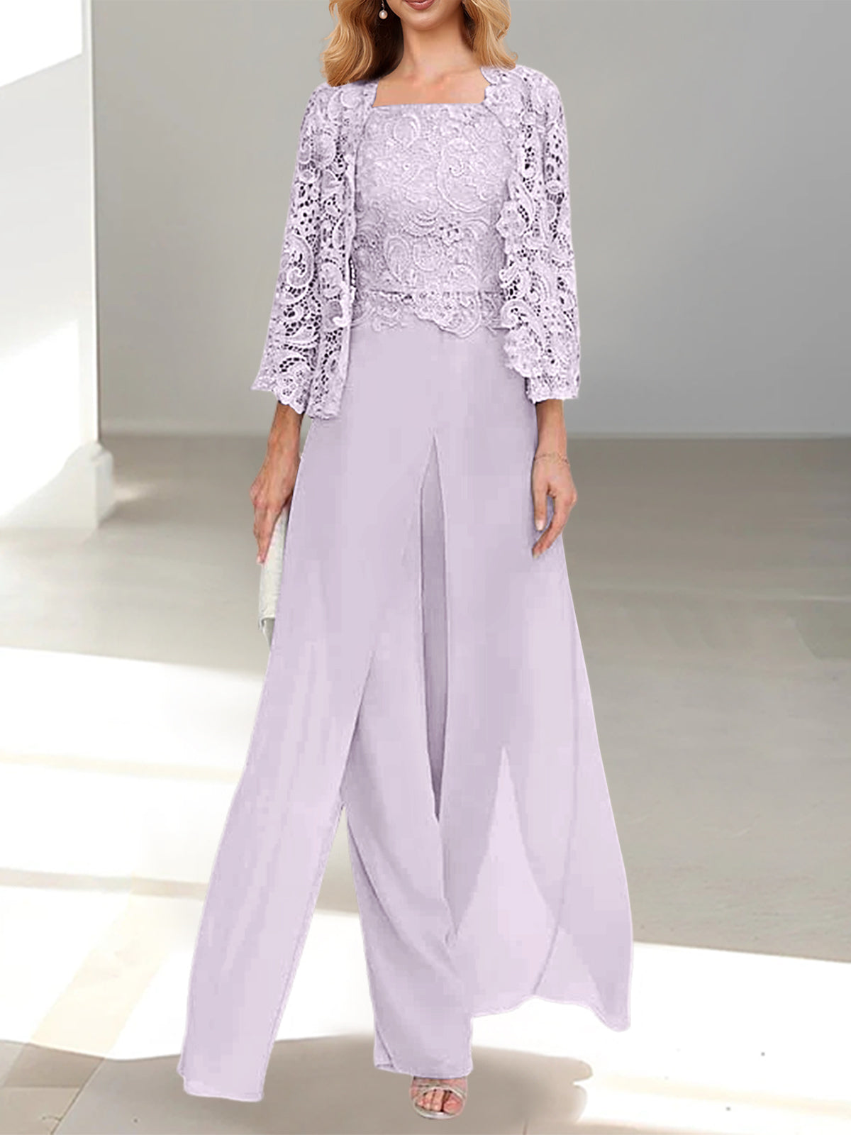 Floor-Length Square Neck Chiffon Mother of the Bride Pantsuit with Jacket & Side Split-LLELLA