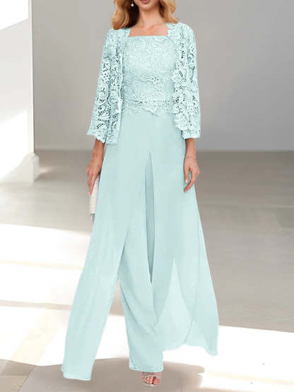 Floor-Length Square Neck Chiffon Mother of the Bride Pantsuit with Jacket & Side Split-LLELLA