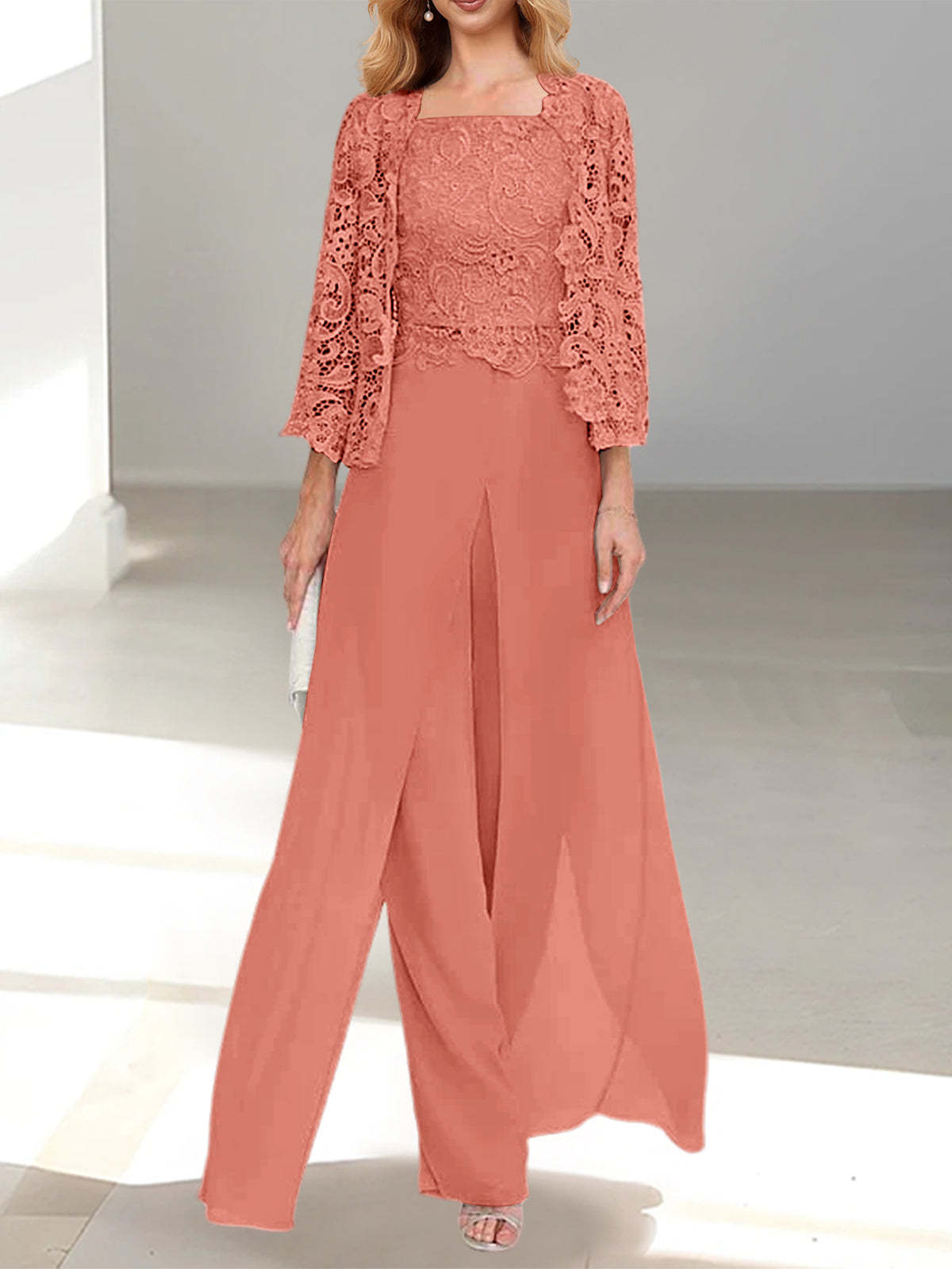 Floor-Length Square Neck Chiffon Mother of the Bride Pantsuit with Jacket & Side Split-LLELLA