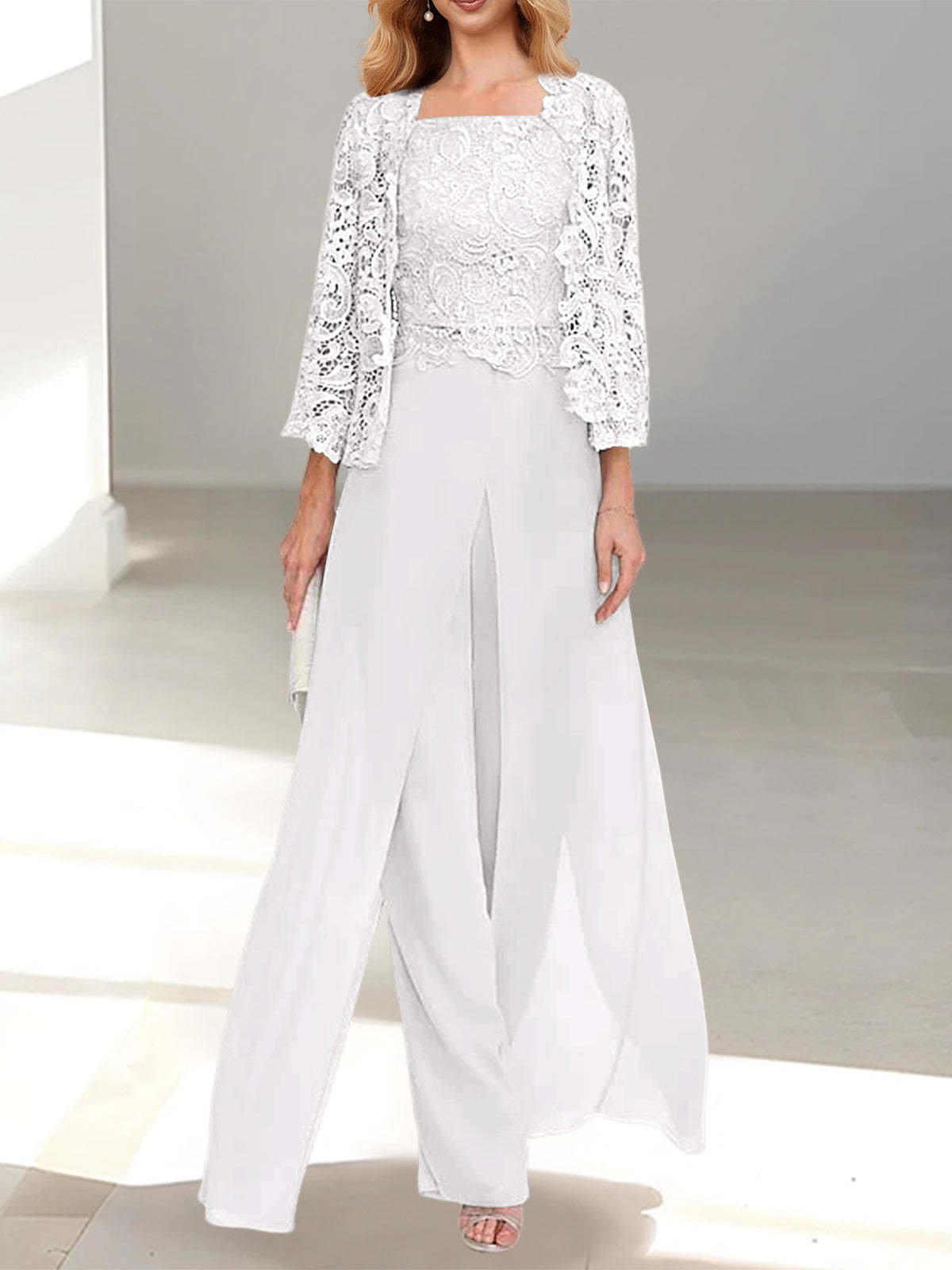 Floor-Length Square Neck Chiffon Mother of the Bride Pantsuit with Jacket & Side Split-LLELLA