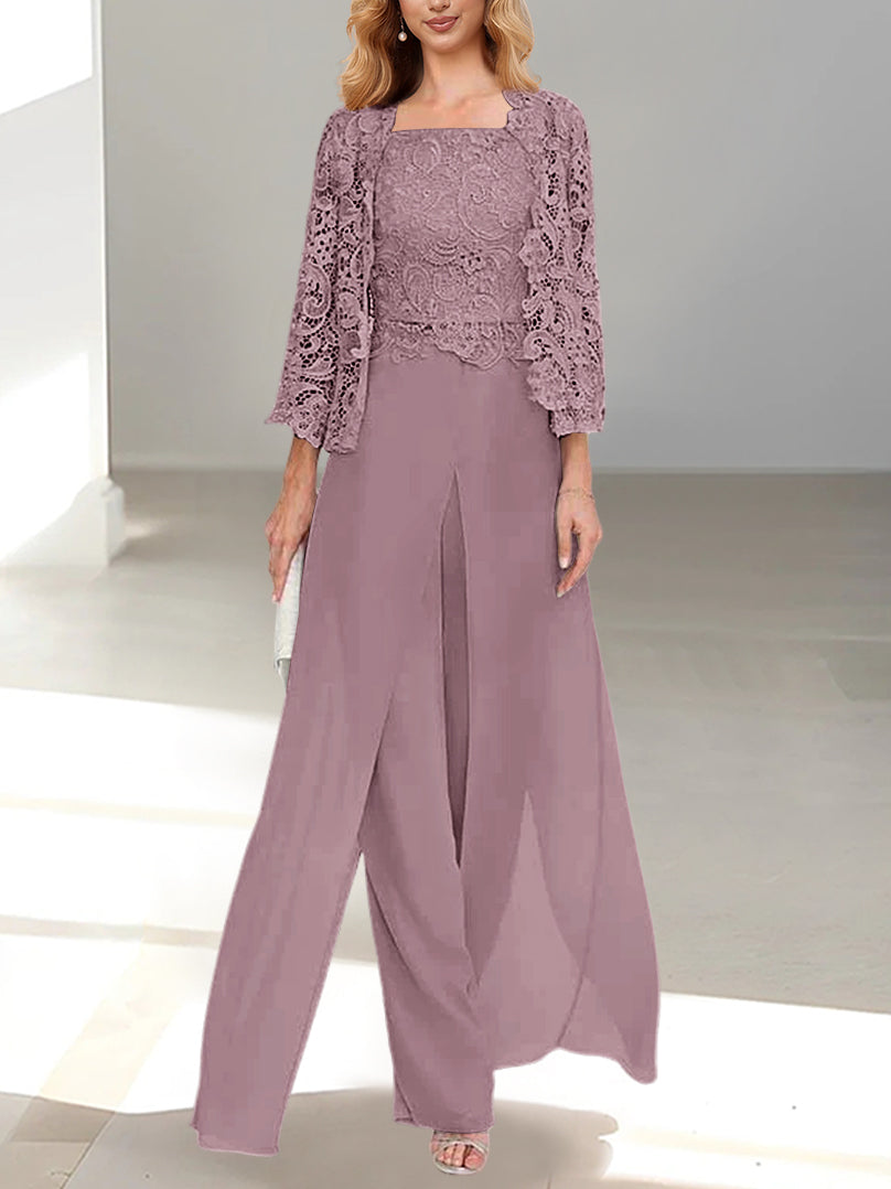 Floor-Length Square Neck Chiffon Mother of the Bride Pantsuit with Jacket & Side Split-LLELLA