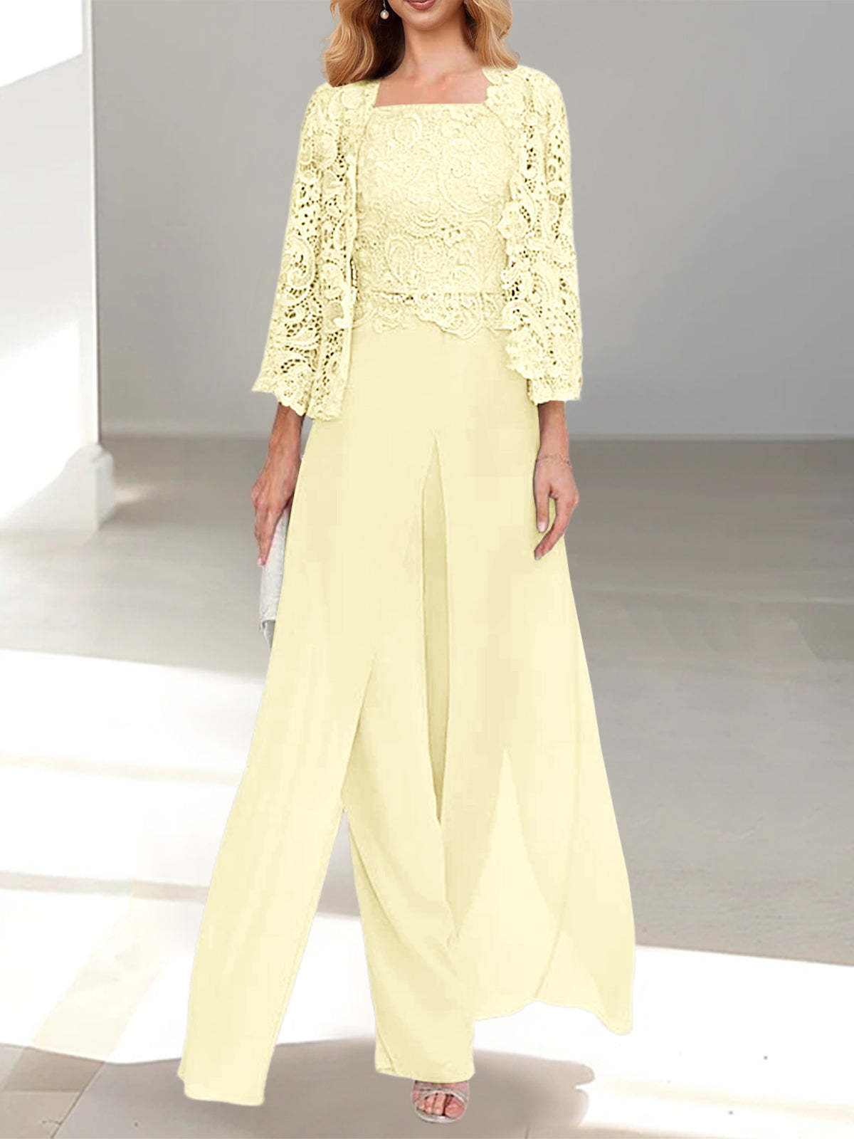 Floor-Length Square Neck Chiffon Mother of the Bride Pantsuit with Jacket & Side Split-LLELLA