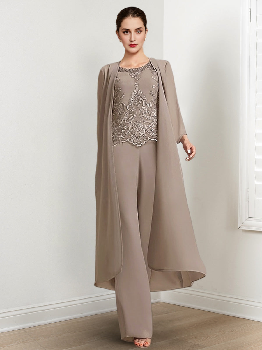 Floor-Length Round Neck Chiffon Pantsuits For The Mother Of The Bride With Jacket And Applique-LLELLA