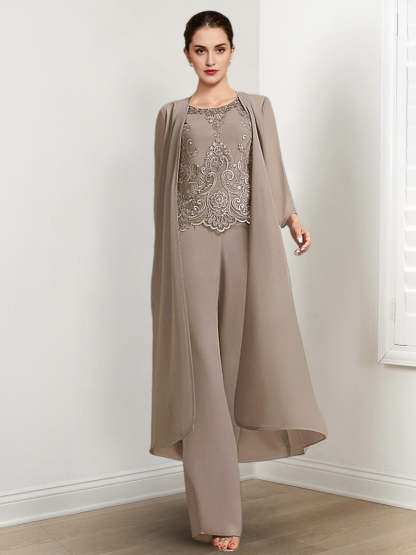 Floor-Length Round Neck Chiffon Pantsuits For The Mother Of The Bride With Jacket And Applique-LLELLA