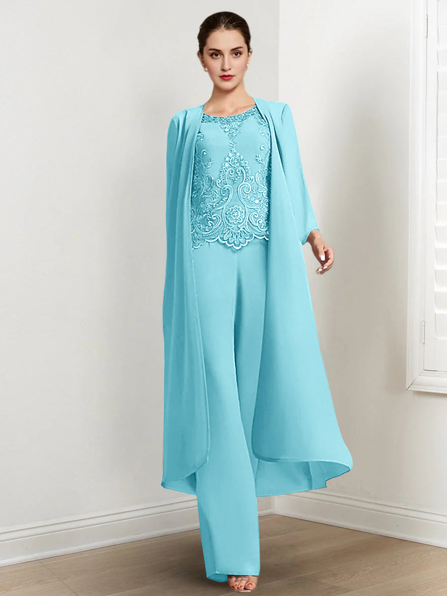 Floor-Length Round Neck Chiffon Pantsuits For The Mother Of The Bride With Jacket And Applique-LLELLA