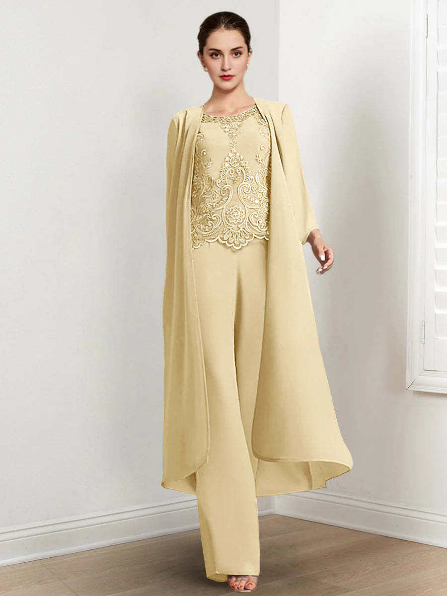Floor-Length Round Neck Chiffon Pantsuits For The Mother Of The Bride With Jacket And Applique-LLELLA