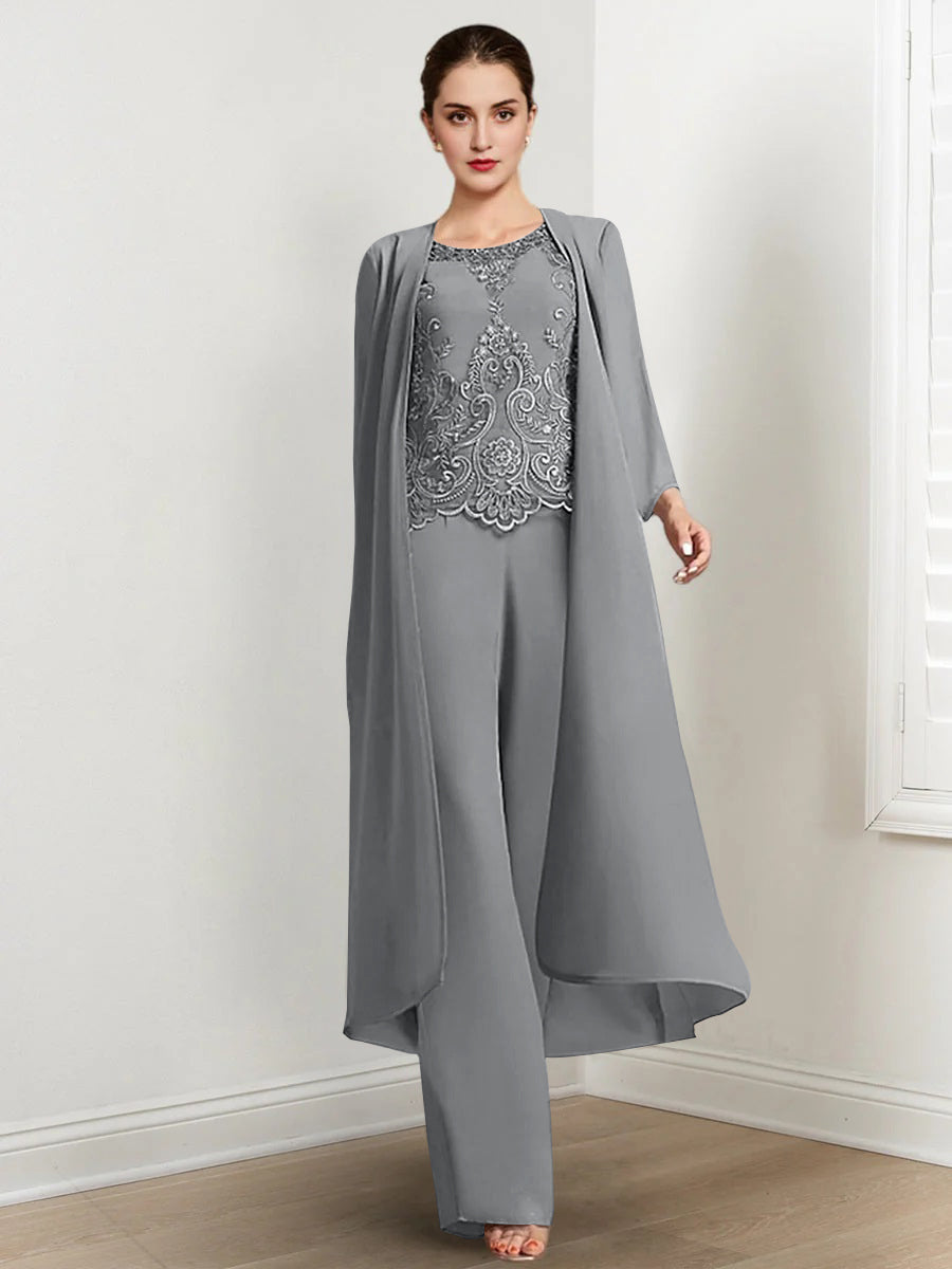 Floor-Length Round Neck Chiffon Pantsuits For The Mother Of The Bride With Jacket And Applique-LLELLA